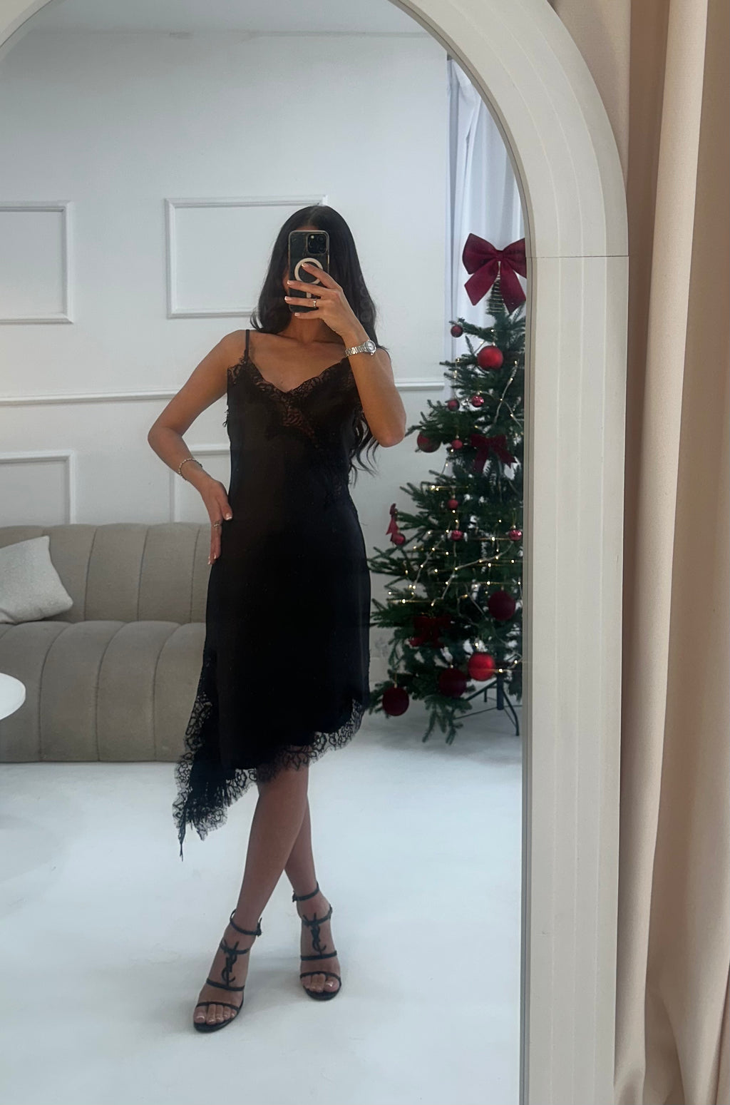 Lace trim silk dress